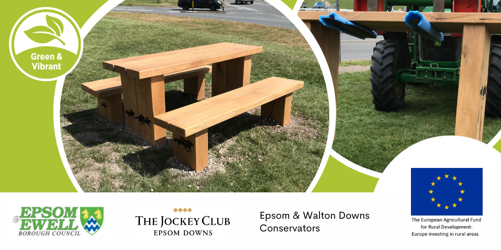 Benches being installed on Epsom & Walton Downs as part of the joint investment to enhance visitor experience. Epsom & Ewell Borough Council, The Jockey Club, Epsom & Walton Downs Conservators, The European Agricultural Fund for Rural Development Europe investing in rural areas logos. 