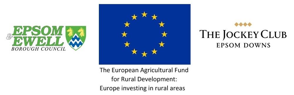 Image: The logos of Epsom & Ewell Borough Council, The European Agricultural Fund for Rural Development and the Jockey Club