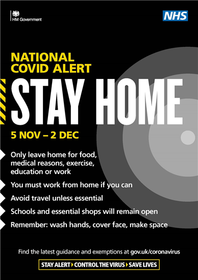 Poster outlining national COVID alert - Stay Home 5 November to 2 December