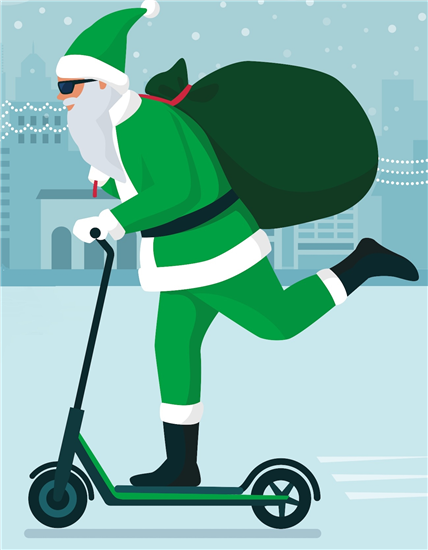 Image: Santa dressed in green using sustainable transport