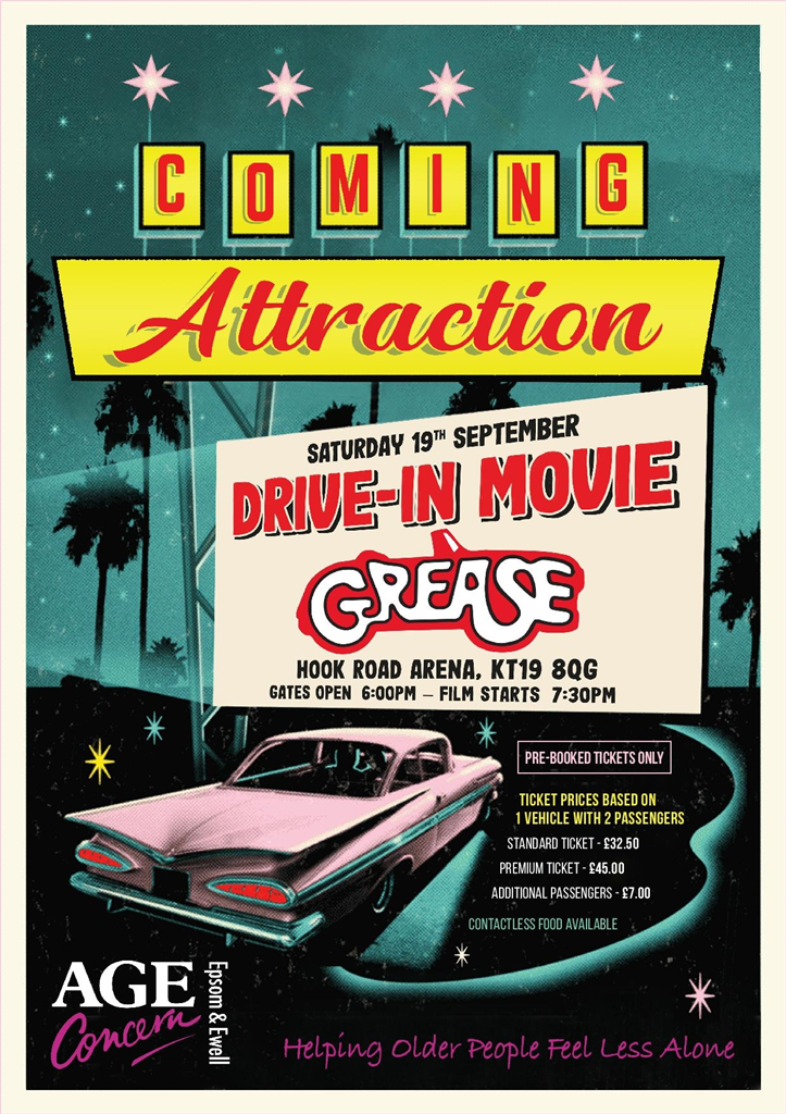 Grease Drive in movie 19 Septemeber Hook Road arena in aid of Age Concern Epsom & Ewell