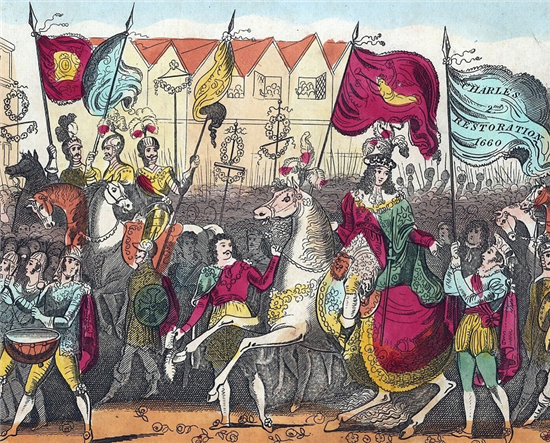 Image: Artwork Charles the second enters london on a horse surounded by crowds following the restoration of the monachy in 1660