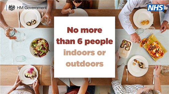 No more than 6 people indoors or outdoors. For guidance visit www.gov.uk/coronavirus
