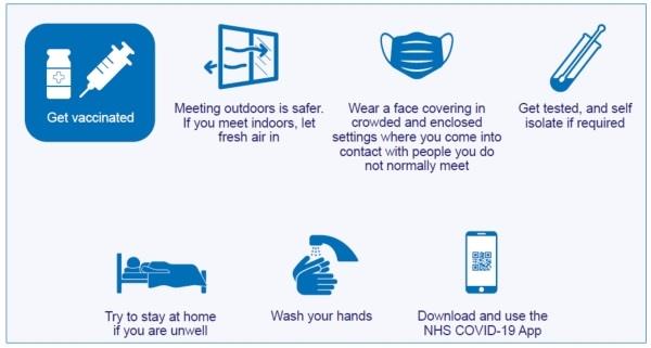 Image: the graphic from the government for winter 2021 - get vaccinated, meeting outdoors is safer, if you meet indoors let fresh air in, wear a face mask in crowded and enclosed public spaces, get tested, stay at home if unwell, wash your hands and download the covid 19 app